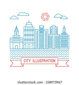Vector city illustration in linear style - buildings and clouds - graphic design template