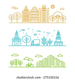 Vector city illustration in linear style - buildings and clouds - graphic design template