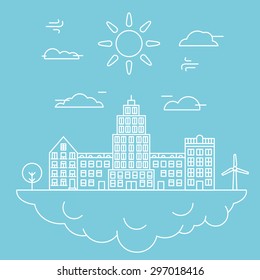 Vector city illustration in linear style - buildings on cloud - vector illustration