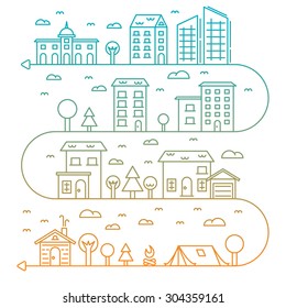 Ilustración vectorial en edificios de estilo lineal, árboles y nubes - plantilla de diseño gráfico