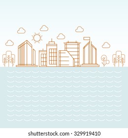 Vector city illustration in linear style - buildings clouds and trees