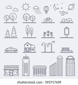 Vector city illustration in linear style. Icons and illustrations with buildings, houses and architecture signs. Ideal for business web publications, graphic design. Flat style vector illustration.