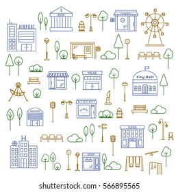 Vector City Illustration in Linear Style - government buildings, shops, traffic light, street signs, hydrant, ferris wheel,  street clock, bus stop and trees. City and park design elements for map. 