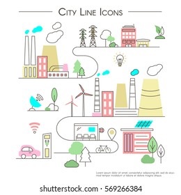 Vector City Illustration in Linear Style - factory, trees, buildings, park, solar panel, wind turbines, green home, energy generator. Smart city design elements for map.