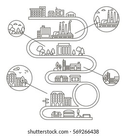 Vector City Illustration in Linear Style - factory, trees, buildings, park. Thin line art icons. City and park design elements for map.