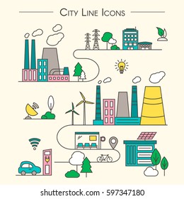 Vector City Illustration in Linear Style - factory, trees, buildings, park, solar panel, wind turbines, green house, energy generator. Smart city design elements for map.