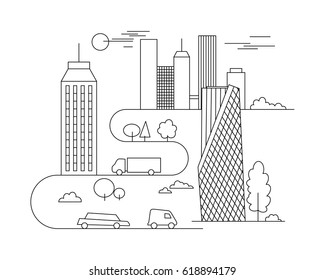 Vector city illustration in linear style - buildings and clouds - graphic design template. Coloring book.