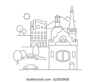 Vector city illustration in linear style - buildings and clouds - graphic design template. Coloring book.