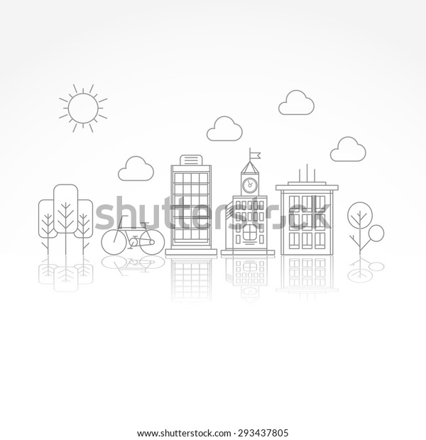 Vector city illustration in linear style -\
buildings clouds and\
trees