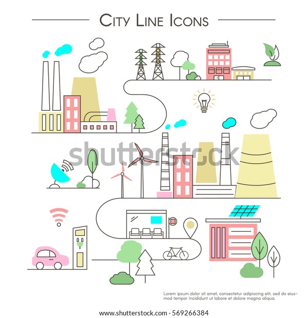 Vector City\
Illustration in Linear Style - factory, trees, buildings, park,\
solar panel, wind turbines, green home, energy generator. Smart\
city design elements for\
map.