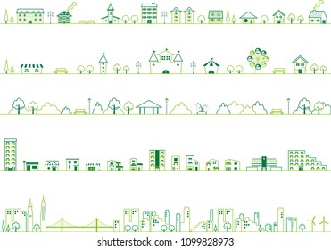 Vector city illustration set. Cityscape in green.