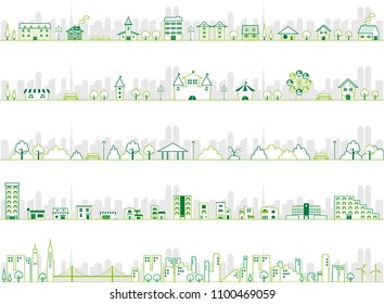 Vector city illustration set. Cityscape in green.