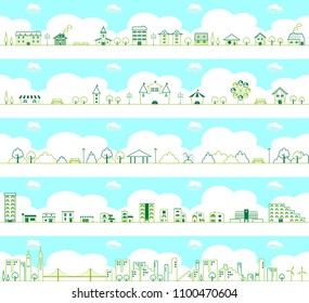 Vector city illustration set. Cityscape in green.