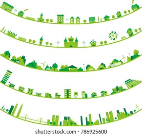 Vector city illustration set. Cityscape in green