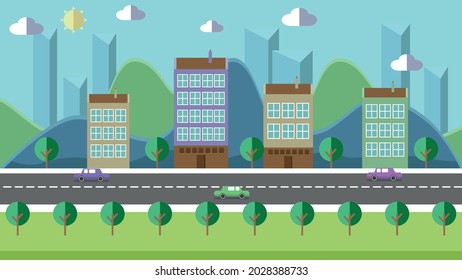 Ilustración de la ciudad vectorial con un estilo simple geométrico plano con coches en las carreteras - paisaje de la ciudad con edificios, árboles y colinas en la parte trasera con sol en la parte superior