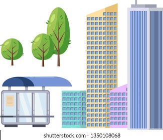 Vector city infographics elements - trees, buildings, bus station, billboard