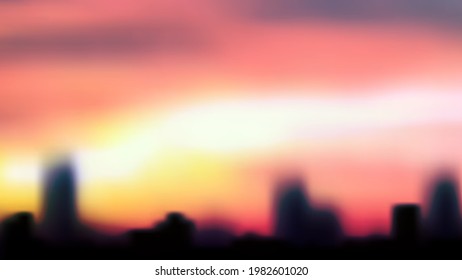 Vector City Landscape Abstract Art Background with Sunny Sky and Blurry Buildings. Urban Industrial Yellow and Violet Sunset Wallpaper. Can be used for Poster or Screensaver.