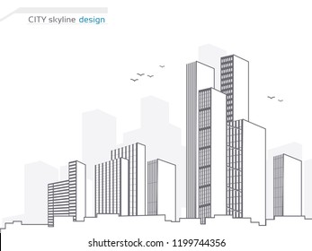 Vector city landscape background. City panorama. Town landscape with high skyscrapers. Architecture of buildings. City skyline design. Illustration for use brochure, flyer, poster and cover. 