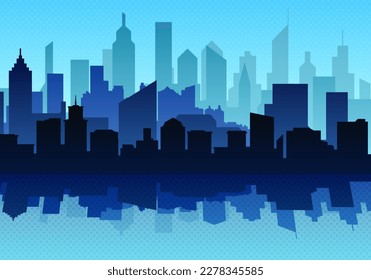 Vector City landscape. Blue silhouette of the city