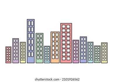 Vector City Landscape. City Colorful Buildings Icons with Windows. Pastel colors iconic town view. Cityscape icons.