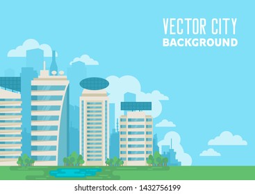 Vector city landscape horizontal illustration. Day future city solar panels background.