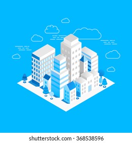 Vector city landscape isometric illustration - business concept and banner in trendy linear style  on blue background