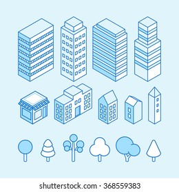 Vector city landscape isometric illustration and icons set - map design elements