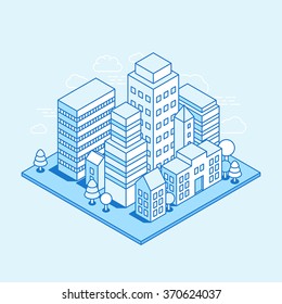 Vector city landscape isometric illustration - business concept and banner in trendy linear style  on blue background