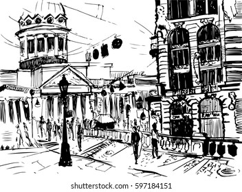 Vector City landscape. Made by ink on paper.