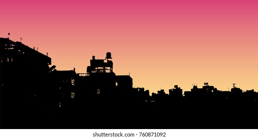 Vector city landscape silhouette. Realistic on night and evening sky. Outdoor cities scene, urban buildings on pink and yellow sky. flat style. Modern city landscape.
