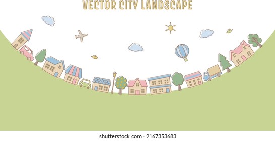 Vector city landscape, simple line drawing of houses and trees