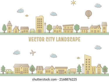Vector city landscape, simple line drawing of houses and trees