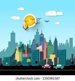 Vector City Life Flat Design Illustration with Cars on Street and Skyscrapers Skyline on Background