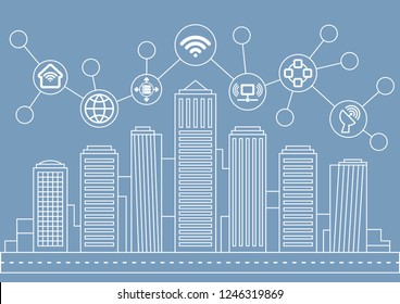 Vector city line illustration on blue background with icons