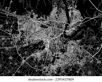 Stadtplan von Agra in der Republik Indien mit weißen Straßen einzeln auf schwarzem Hintergrund.