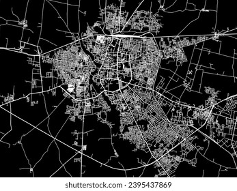 Mapa de la ciudad vector de Akola en la República de India con carreteras blancas aisladas en un fondo negro.