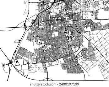 Mapa vectorial de Al Hufuf en el Reino de Arabia Saudita con carreteras negras aisladas en un fondo blanco.