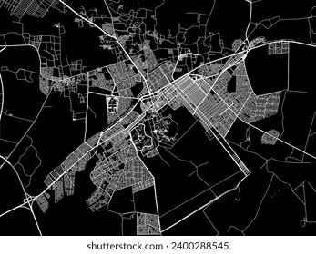 Mapa vectorial de Al Kharj en Brasil con caminos blancos aislados en un fondo negro.