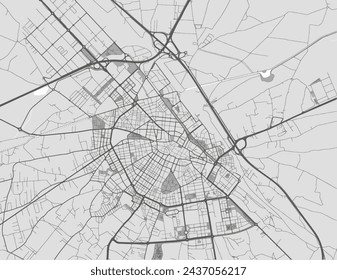 Mapa vectorial de la ciudad de Albacete en España con carreteras negras aisladas sobre un fondo gris.