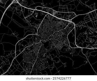 Vector city map of Alcala de Guadaira in Spain with white roads isolated on a black background.