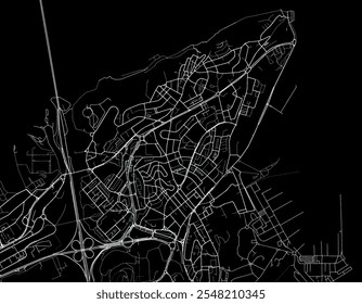 Vector city map of Almada in Portugal with white roads isolated on a black background.