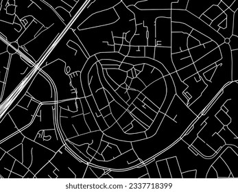 Mapa de la ciudad vectorial de Amersfoort Centrum en los Países Bajos con carreteras blancas aisladas en un fondo negro.