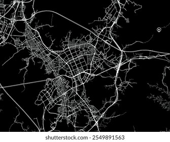 Mapa Vector de la ciudad de Anyang-si en Corea del Sur con carreteras blancas aisladas sobre un fondo negro.