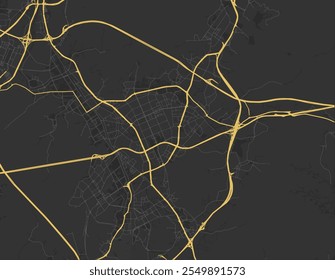 Mapa Vector de la ciudad de Anyang-si en Corea del Sur con carreteras amarillas aisladas sobre un fondo marrón