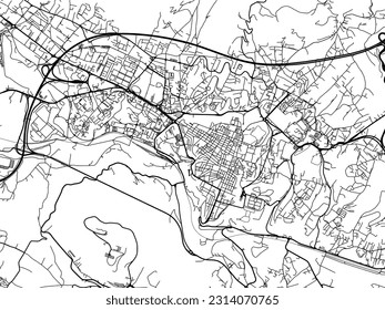 Vector city map of Aquila in Italy with black roads isolated on a white background.