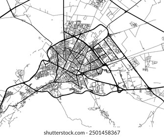 Vector city map of Arak in Iran with black roads isolated on a white background.