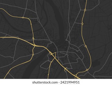 Vector city map of Arles in France with yellow roads isolated on a brown background.