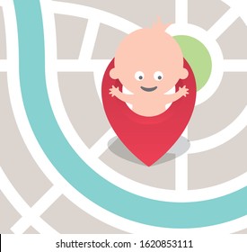 Vector city map with arrow and child