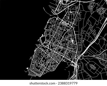 Mapa vectorial de Ashdod en Israel con caminos blancos aislados en un fondo negro.
