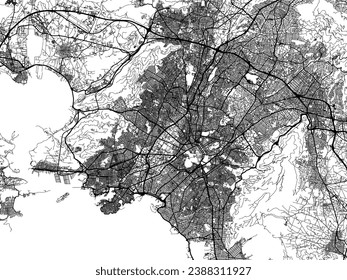 Vector city map of Athens Metro in Greece with black roads isolated on a white background.